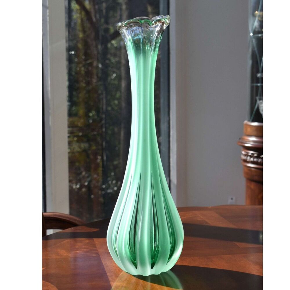 Vintage Art Glass Green Swung Vase - Optic Ribbed Floor Vase Ruffled - 19" Inch